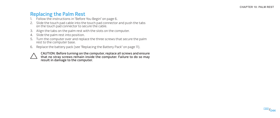 Replacing the palm rest | Dell Alienware M17x R2 (Early 2010) User Manual | Page 44 / 118