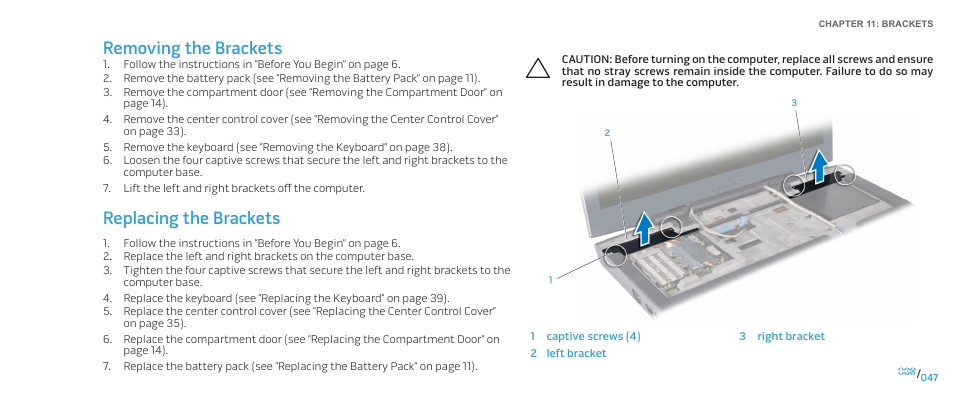 Removing the brackets replacing the brackets, Removing the brackets, Replacing the brackets | Dell Alienware M17x R2 (Early 2010) User Manual | Page 47 / 118