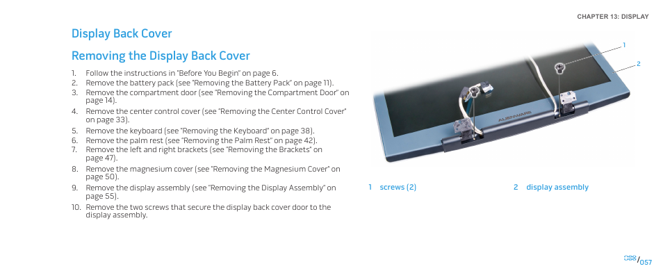 Removing the display back cover, Display back cover removing the display back cover | Dell Alienware M17x R2 (Early 2010) User Manual | Page 57 / 118