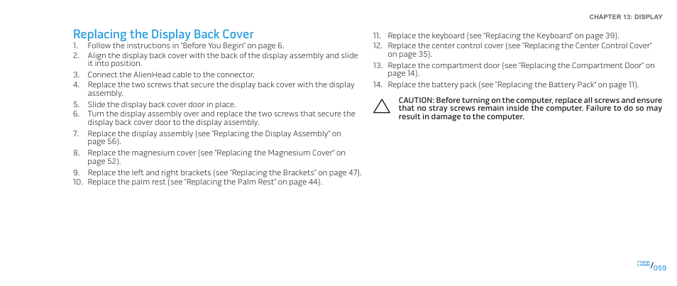 Replacing the display back cover | Dell Alienware M17x R2 (Early 2010) User Manual | Page 59 / 118
