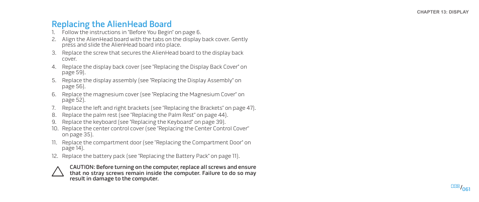 Replacing the alienhead board | Dell Alienware M17x R2 (Early 2010) User Manual | Page 61 / 118