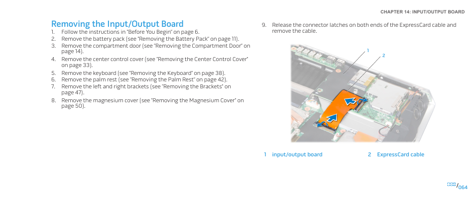 Removing the input/output board | Dell Alienware M17x R2 (Early 2010) User Manual | Page 64 / 118