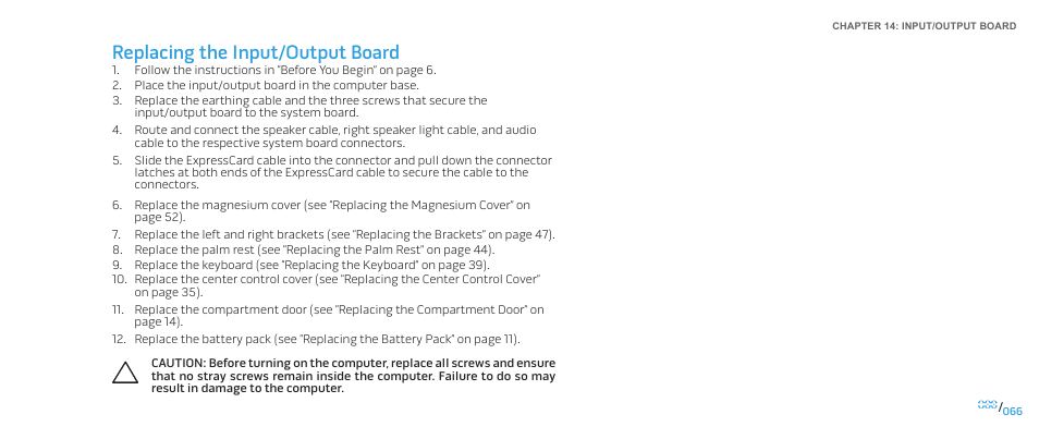 Replacing the input/output board | Dell Alienware M17x R2 (Early 2010) User Manual | Page 66 / 118