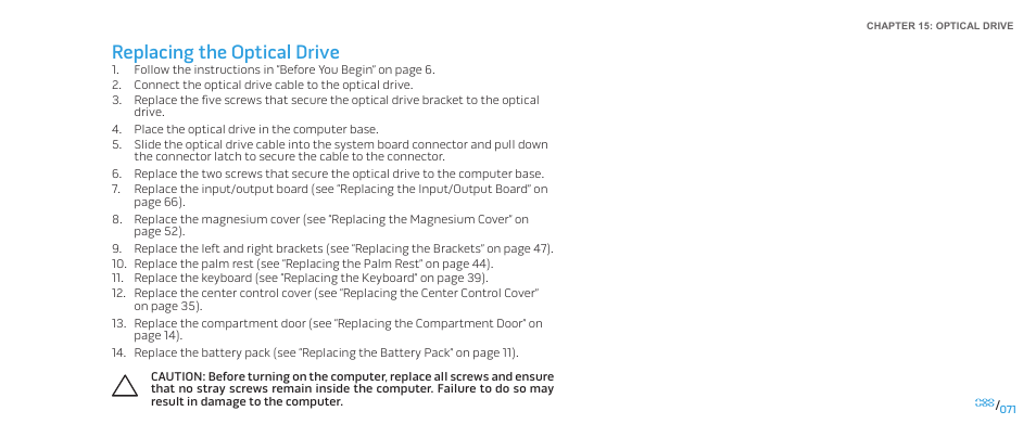 Replacing the optical drive | Dell Alienware M17x R2 (Early 2010) User Manual | Page 71 / 118