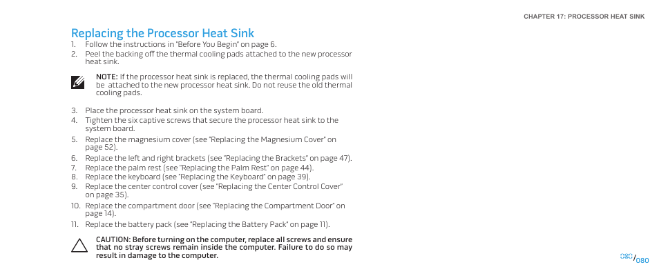 Replacing the processor heat sink | Dell Alienware M17x R2 (Early 2010) User Manual | Page 80 / 118
