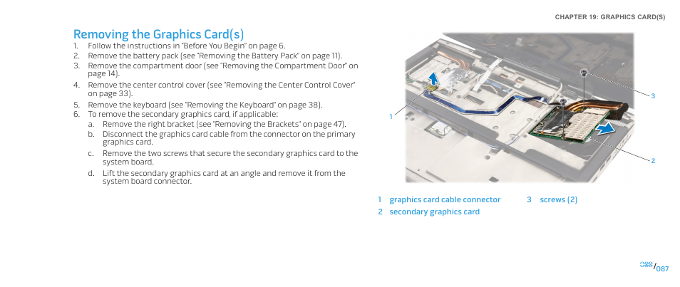 Removing the graphics card(s) | Dell Alienware M17x R2 (Early 2010) User Manual | Page 87 / 118