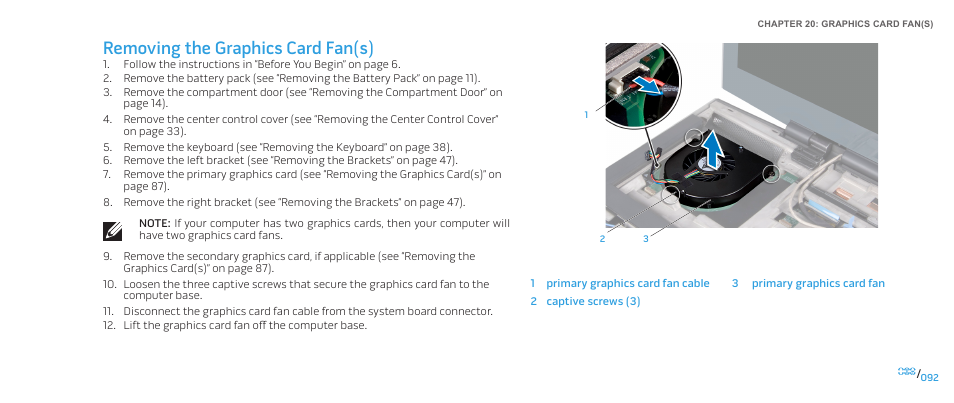 Removing the graphics card fan(s) | Dell Alienware M17x R2 (Early 2010) User Manual | Page 92 / 118