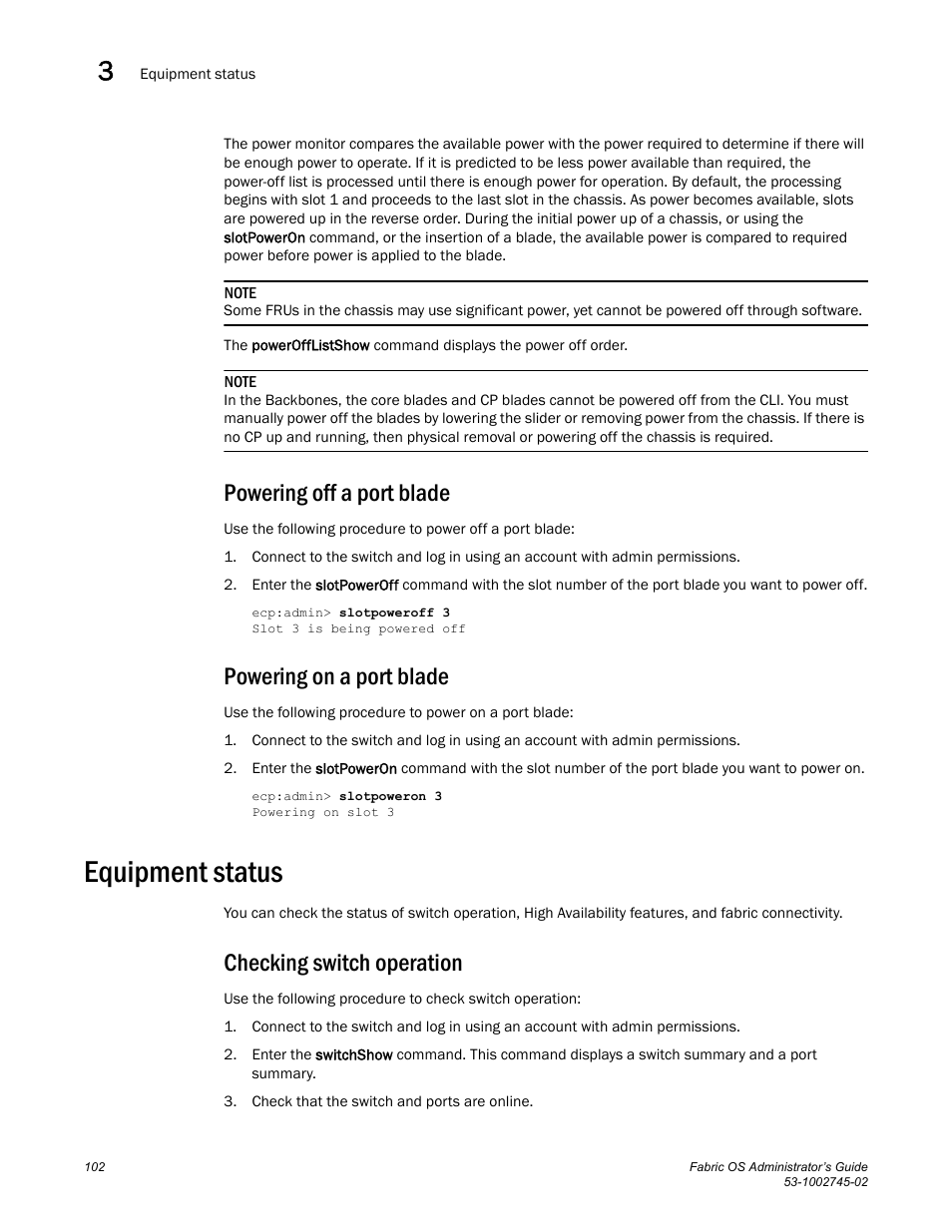 Powering off a port blade, Powering on a port blade, Equipment status | Checking switch operation | Dell POWEREDGE M1000E User Manual | Page 102 / 666