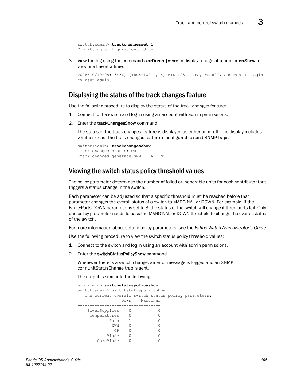 Displaying the status of the track changes feature, Viewing the switch status policy threshold values | Dell POWEREDGE M1000E User Manual | Page 105 / 666