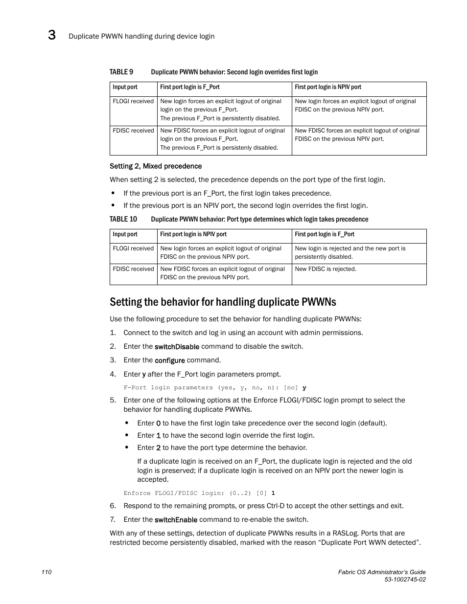 Setting the behavior for handling duplicate pwwns, Table 9, Table 10 | First | Dell POWEREDGE M1000E User Manual | Page 110 / 666