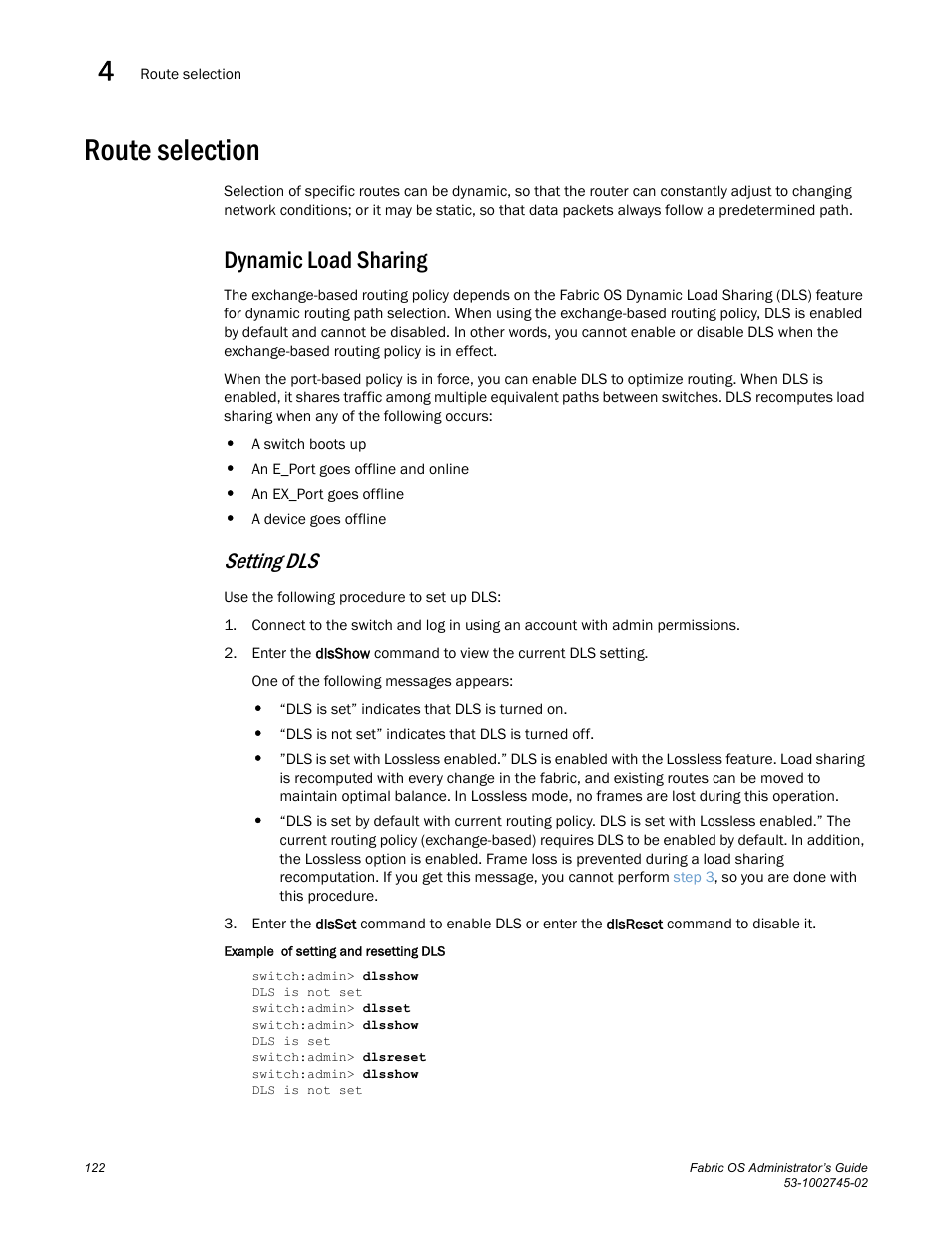 Route selection, Dynamic load sharing, Setting dls | Dell POWEREDGE M1000E User Manual | Page 122 / 666