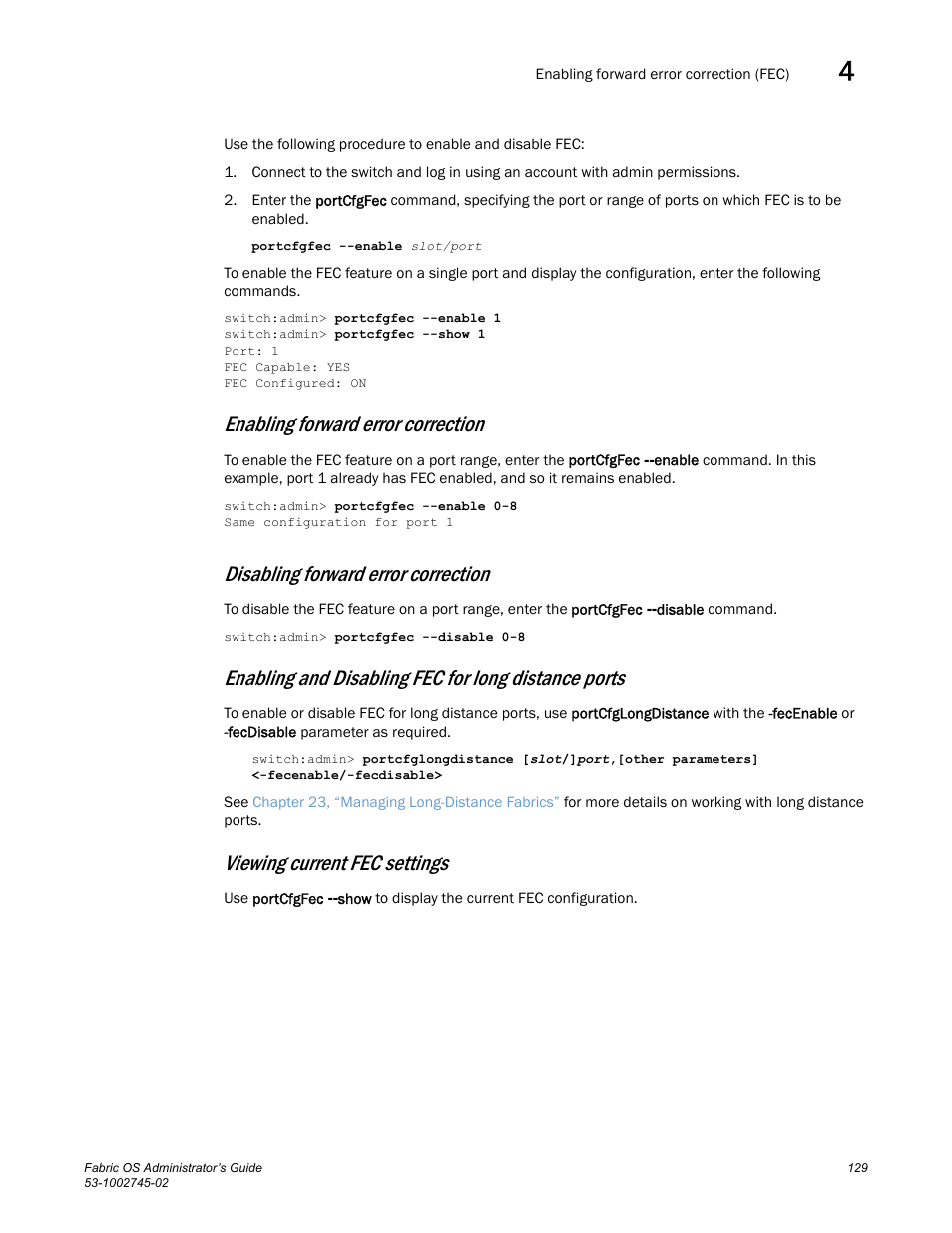 Enabling forward error correction, Disabling forward error correction, Enabling and disabling fec for long distance ports | Viewing current fec settings | Dell POWEREDGE M1000E User Manual | Page 129 / 666