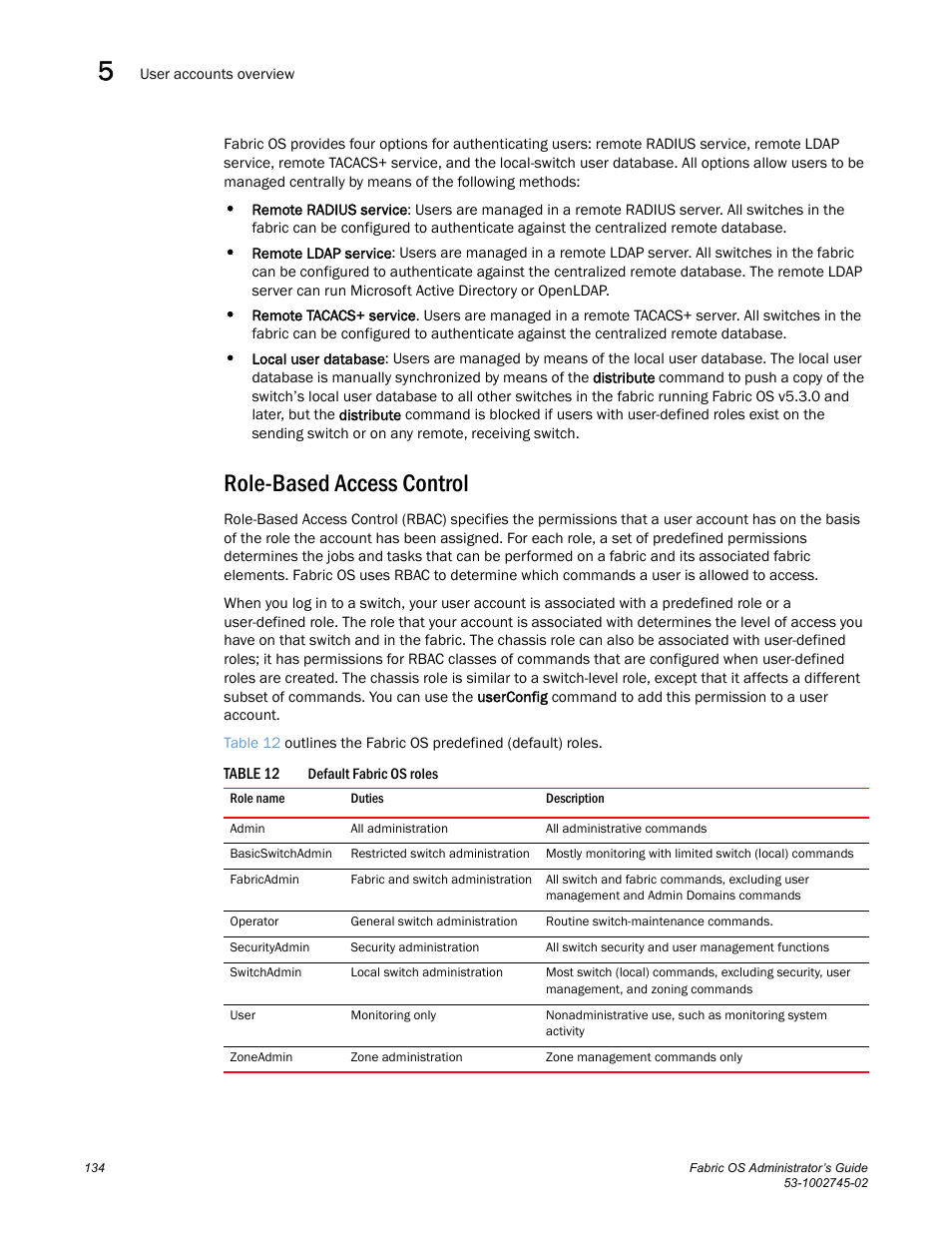 Role-based access control, Table 12 | Dell POWEREDGE M1000E User Manual | Page 134 / 666