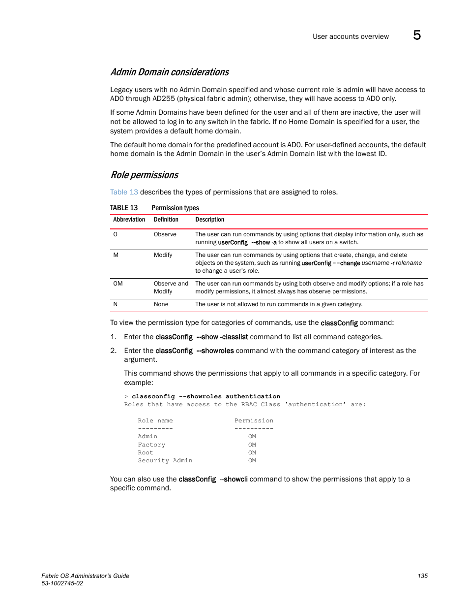 Admin domain considerations, Role permissions, Table 13 | Dell POWEREDGE M1000E User Manual | Page 135 / 666