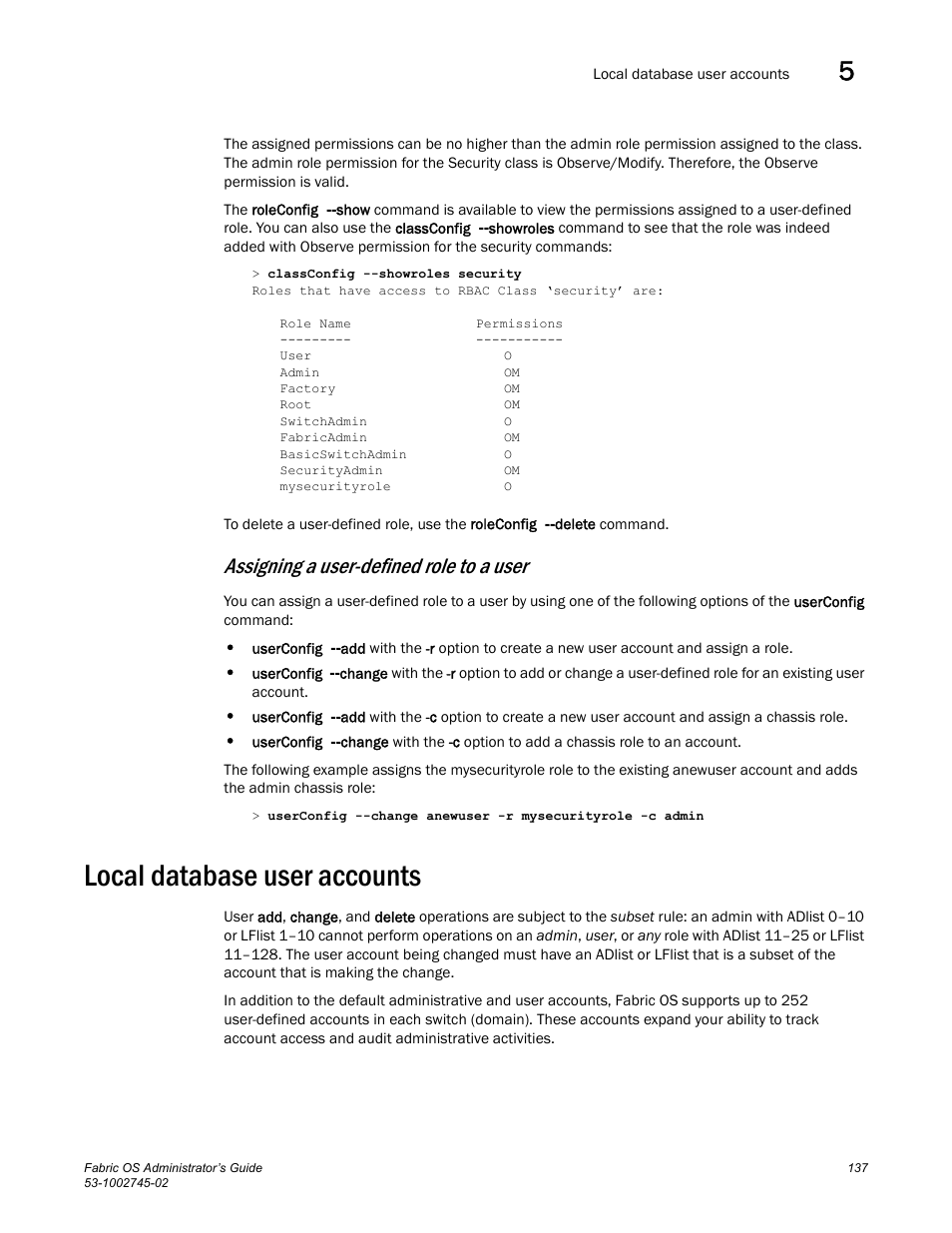 Assigning a user-defined role to a user, Local database user accounts | Dell POWEREDGE M1000E User Manual | Page 137 / 666