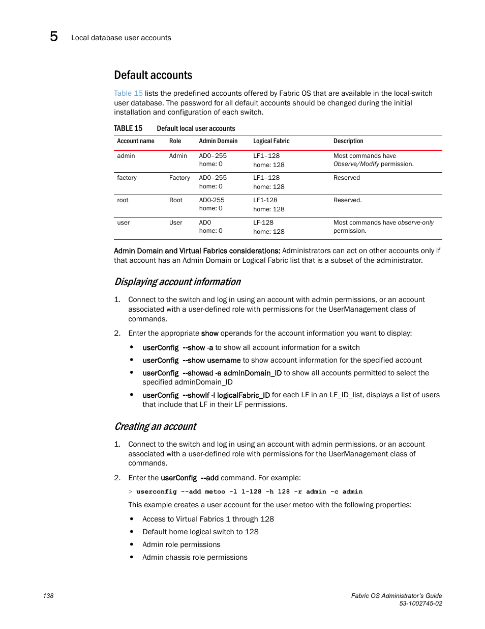 Default accounts, Displaying account information, Creating an account | Table 15 | Dell POWEREDGE M1000E User Manual | Page 138 / 666