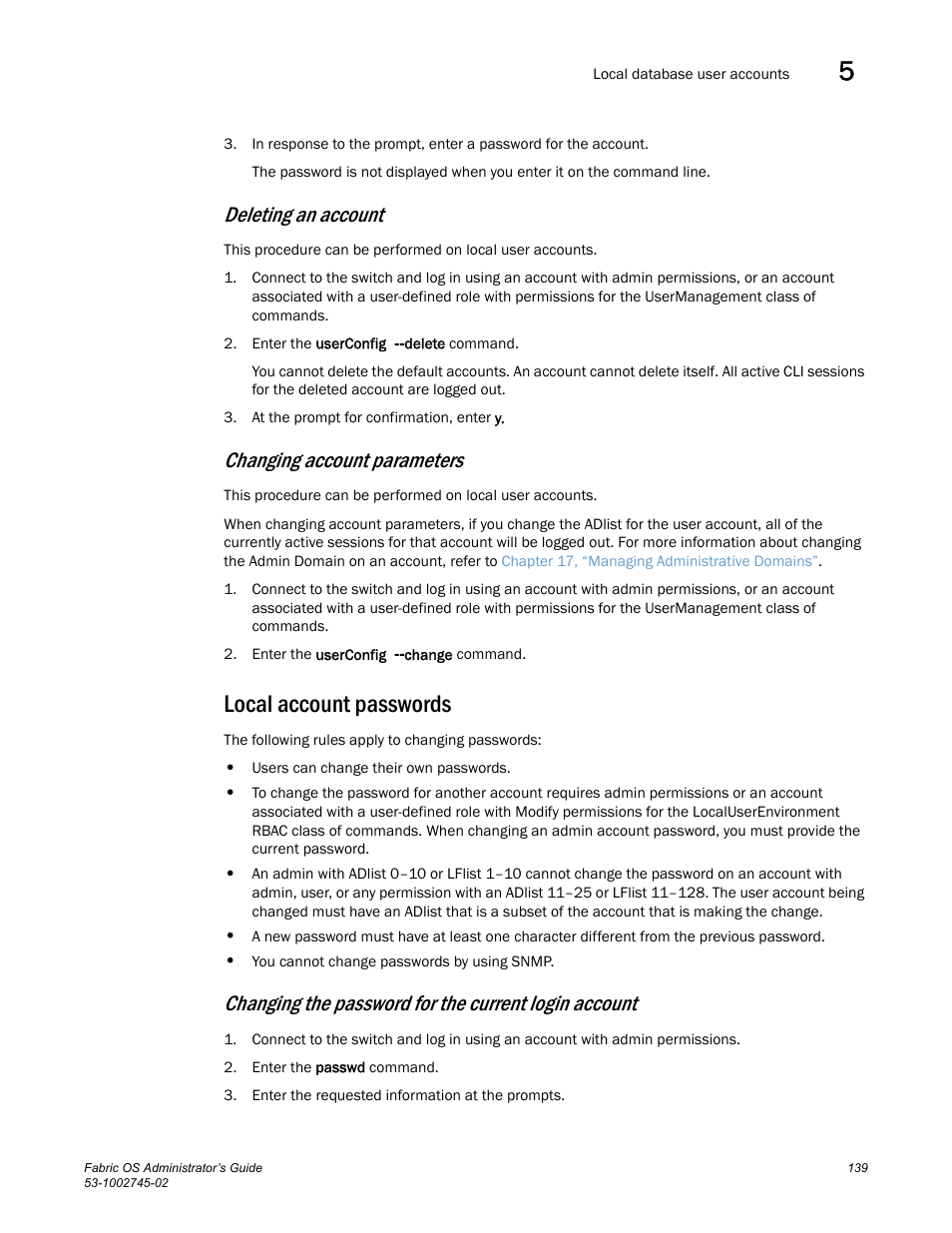 Deleting an account, Changing account parameters, Local account passwords | Dell POWEREDGE M1000E User Manual | Page 139 / 666