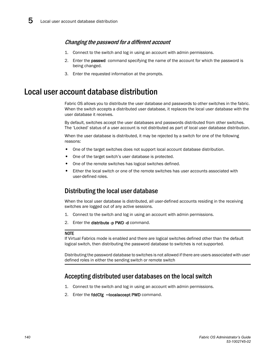 Changing the password for a different account, Local user account database distribution, Distributing the local user database | Dell POWEREDGE M1000E User Manual | Page 140 / 666