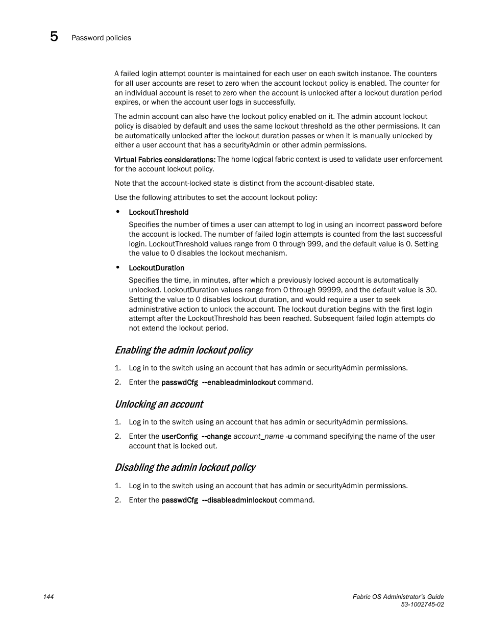 Enabling the admin lockout policy, Unlocking an account, Disabling the admin lockout policy | Dell POWEREDGE M1000E User Manual | Page 144 / 666