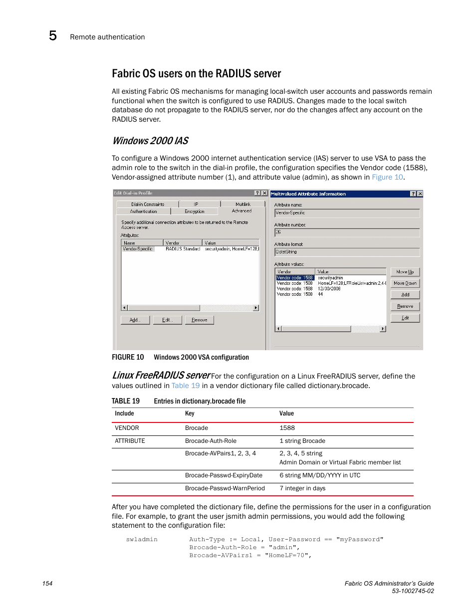 Fabric os users on the radius server, Windows 2000 ias, Figure 10 | Windows, Table 19, Linux freeradius server | Dell POWEREDGE M1000E User Manual | Page 154 / 666