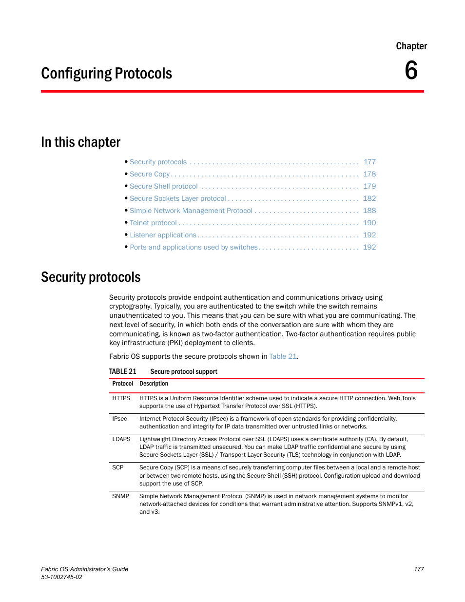 Configuring protocols, Security protocols, Chapter 6 | Table 21, Chapter 6, “configuring protocols, Chapter | Dell POWEREDGE M1000E User Manual | Page 177 / 666