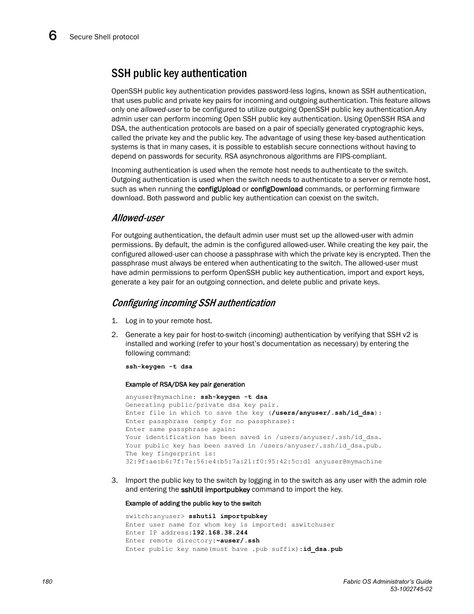 Ssh public key authentication, Allowed-user, Configuring incoming ssh authentication | Dell POWEREDGE M1000E User Manual | Page 180 / 666