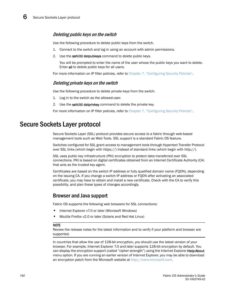 Deleting public keys on the switch, Deleting private keys on the switch, Secure sockets layer protocol | Browser and java support | Dell POWEREDGE M1000E User Manual | Page 182 / 666