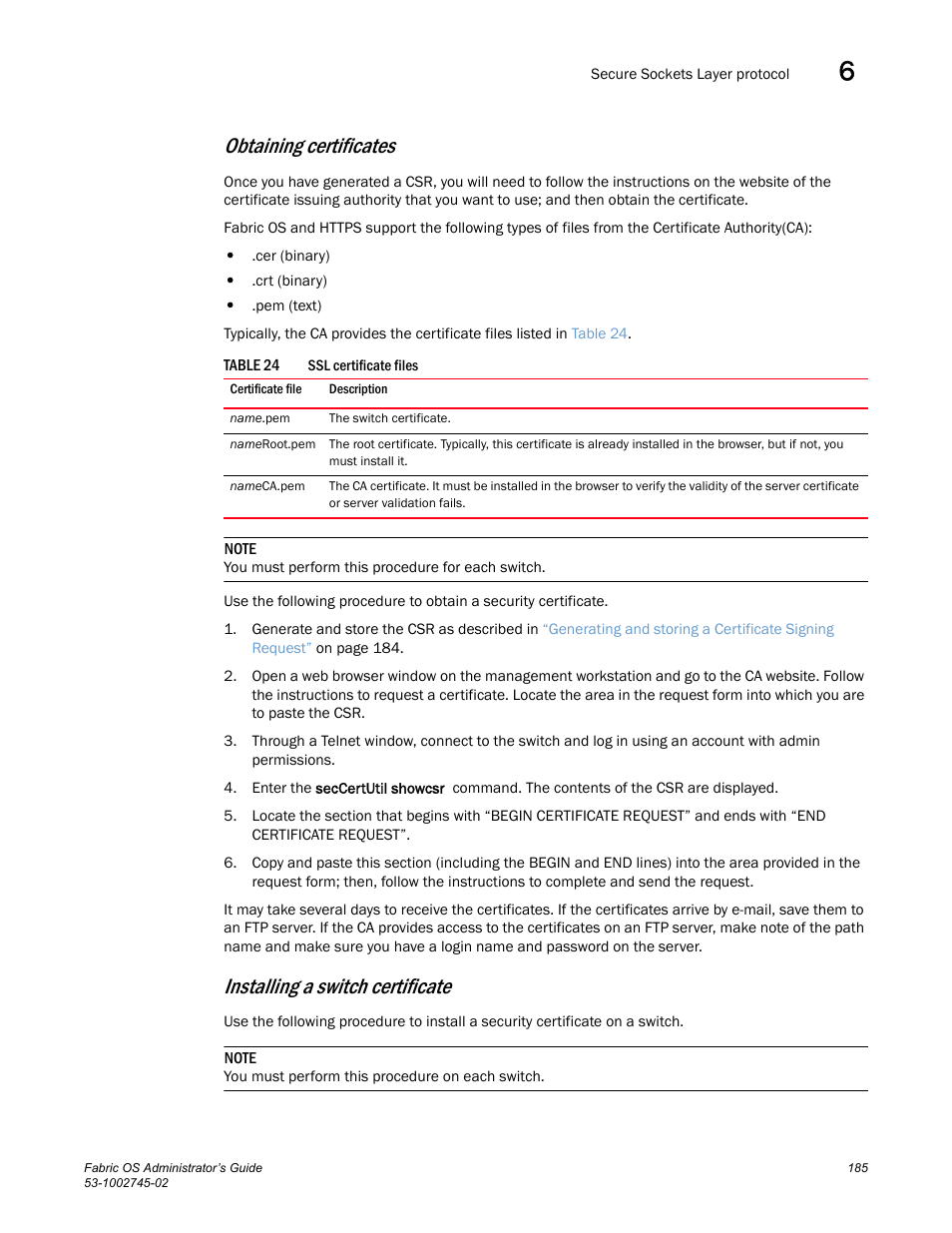 Obtaining certificates, Installing a switch certificate, Table 24 | Dell POWEREDGE M1000E User Manual | Page 185 / 666