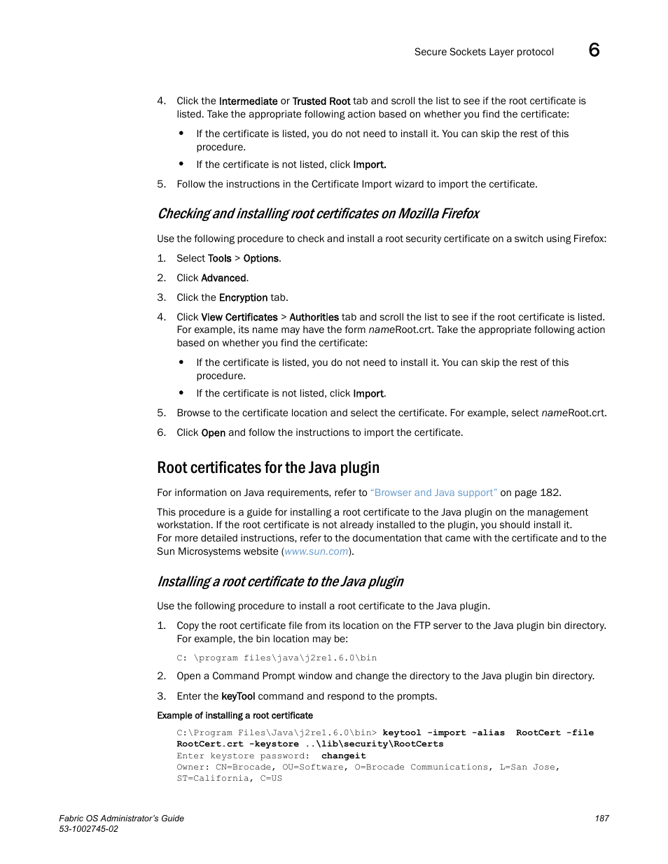 Root certificates for the java plugin, Installing a root certificate to the java plugin | Dell POWEREDGE M1000E User Manual | Page 187 / 666