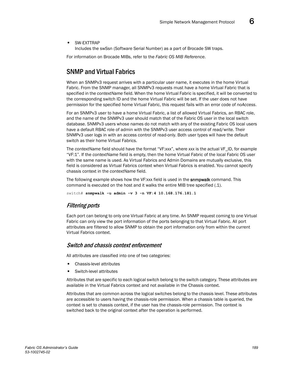 Snmp and virtual fabrics, Filtering ports, Switch and chassis context enforcement | Dell POWEREDGE M1000E User Manual | Page 189 / 666