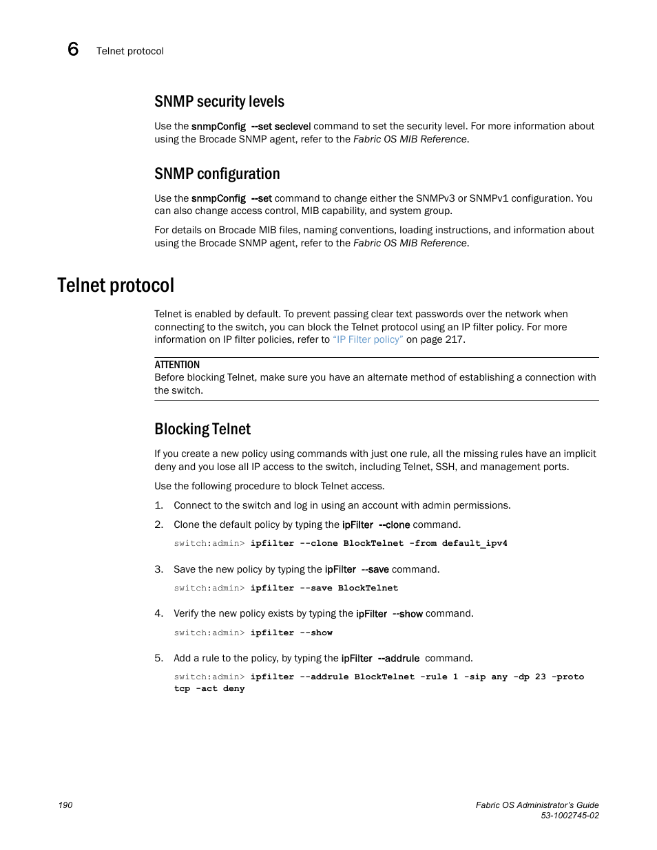 Snmp security levels, Snmp configuration, Telnet protocol | Blocking telnet | Dell POWEREDGE M1000E User Manual | Page 190 / 666