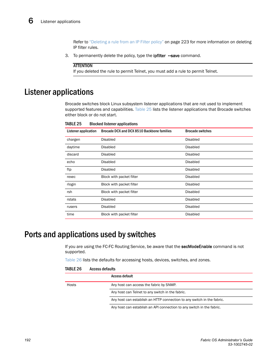 Listener applications, Ports and applications used by switches, Table 25 | Table 26 | Dell POWEREDGE M1000E User Manual | Page 192 / 666