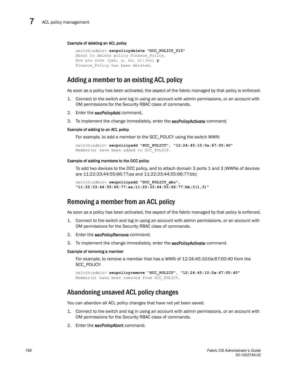 Adding a member to an existing acl policy, Removing a member from an acl policy, Abandoning unsaved acl policy changes | Dell POWEREDGE M1000E User Manual | Page 198 / 666