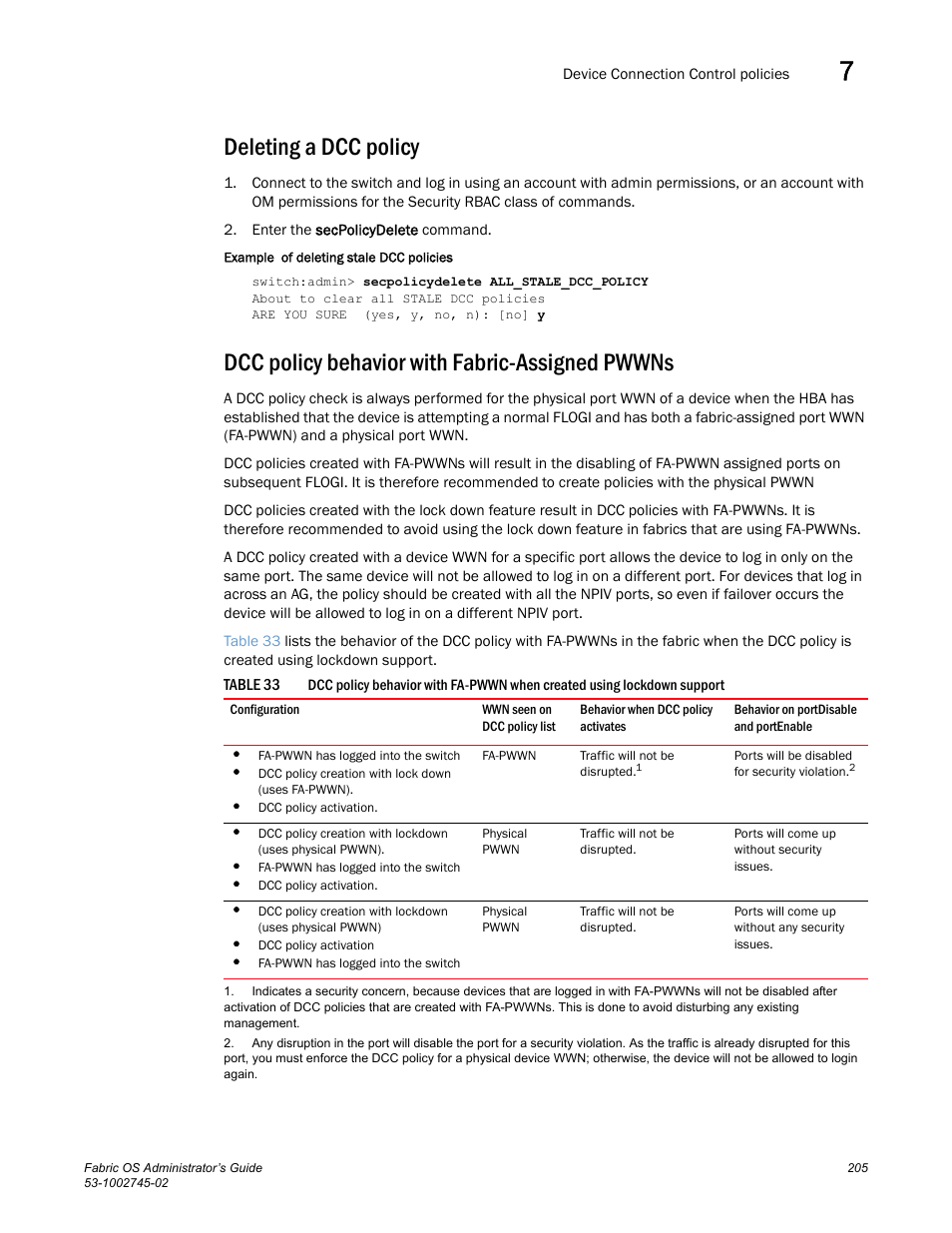 Deleting a dcc policy, Dcc policy behavior with fabric-assigned pwwns, Table 33 | Dell POWEREDGE M1000E User Manual | Page 205 / 666