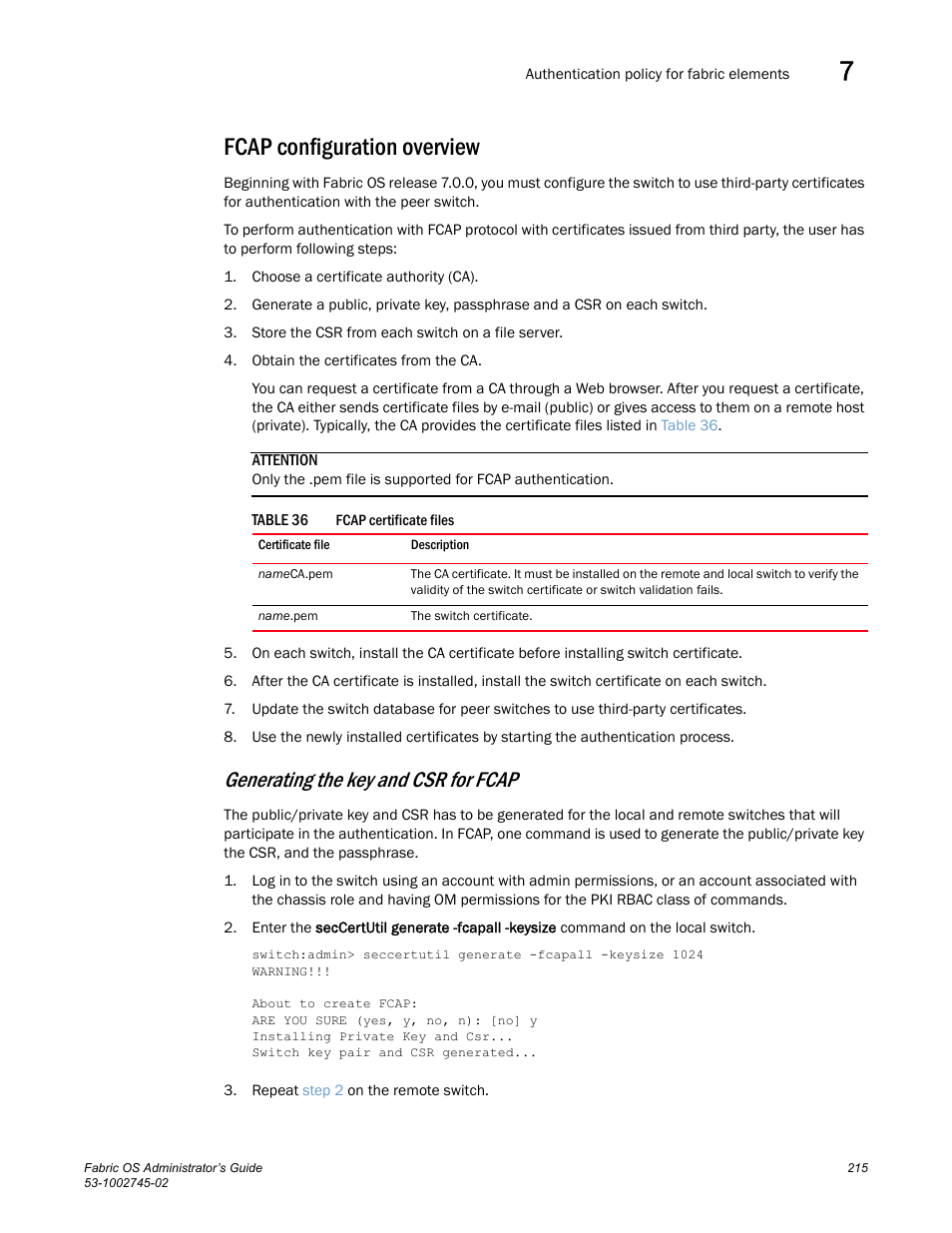 Fcap configuration overview, Generating the key and csr for fcap, Table 36 | Dell POWEREDGE M1000E User Manual | Page 215 / 666