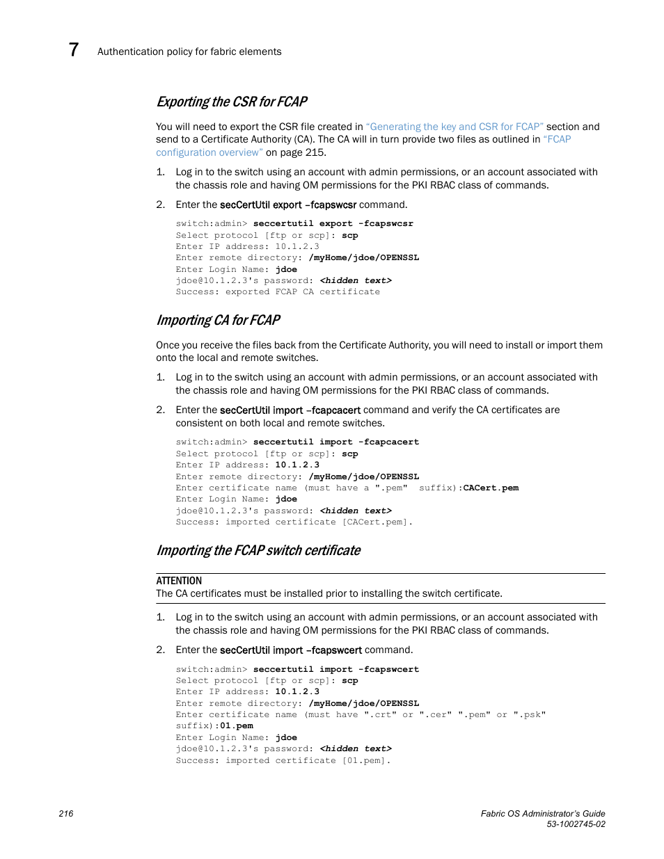Exporting the csr for fcap, Importing ca for fcap, Importing the fcap switch certificate | Dell POWEREDGE M1000E User Manual | Page 216 / 666