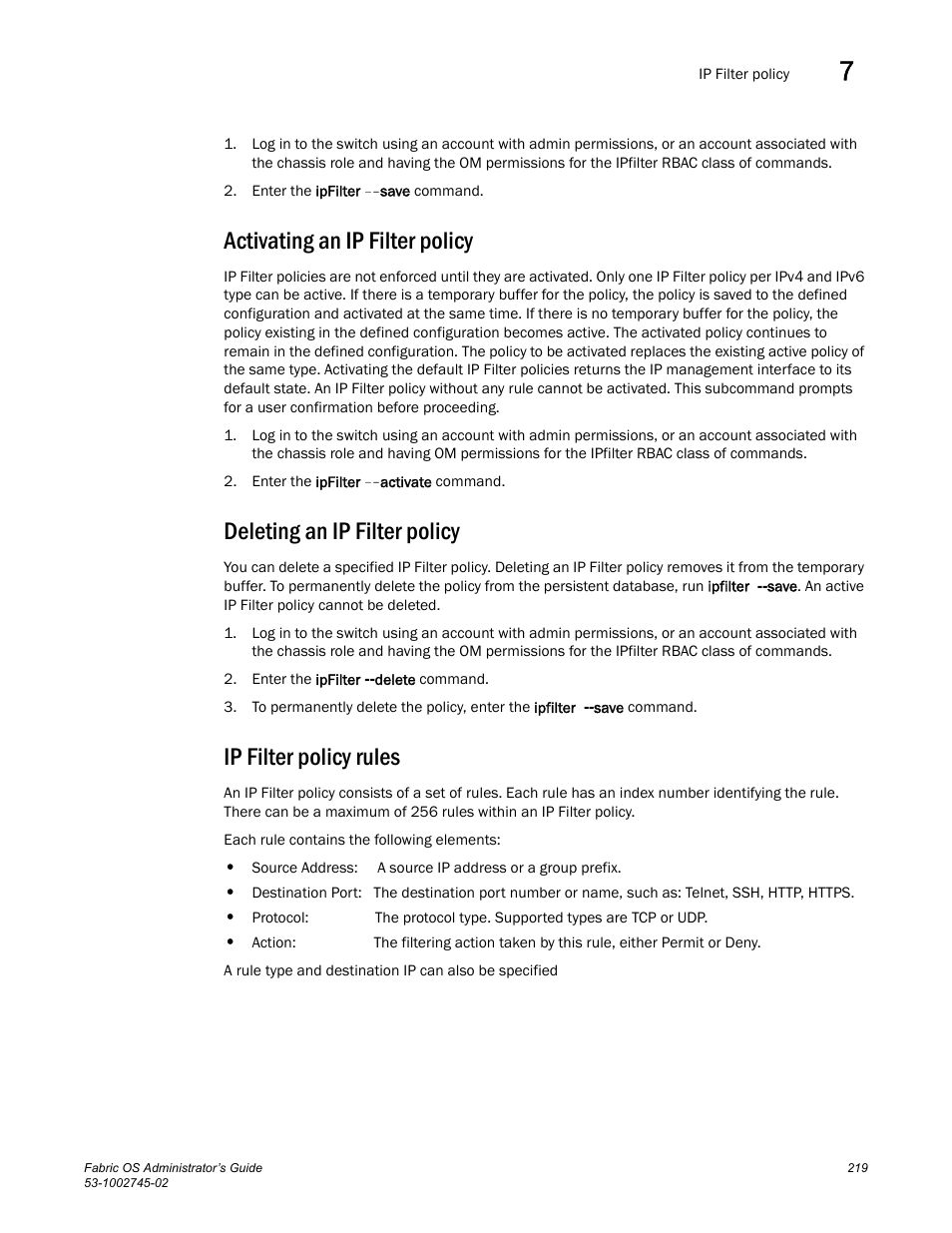 Activating an ip filter policy, Deleting an ip filter policy, Ip filter policy rules | Dell POWEREDGE M1000E User Manual | Page 219 / 666