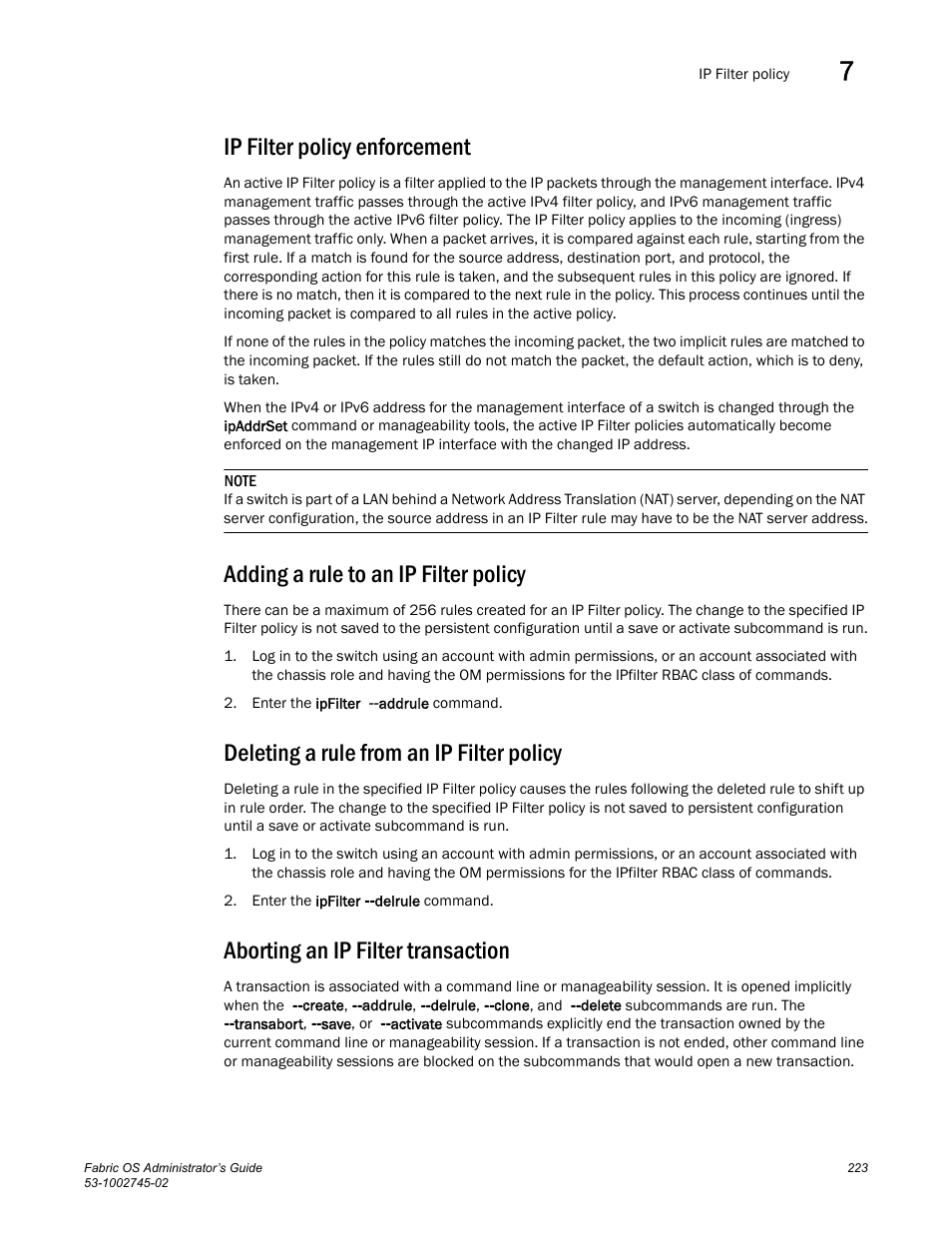 Ip filter policy enforcement, Adding a rule to an ip filter policy, Deleting a rule from an ip filter policy | Aborting an ip filter transaction | Dell POWEREDGE M1000E User Manual | Page 223 / 666