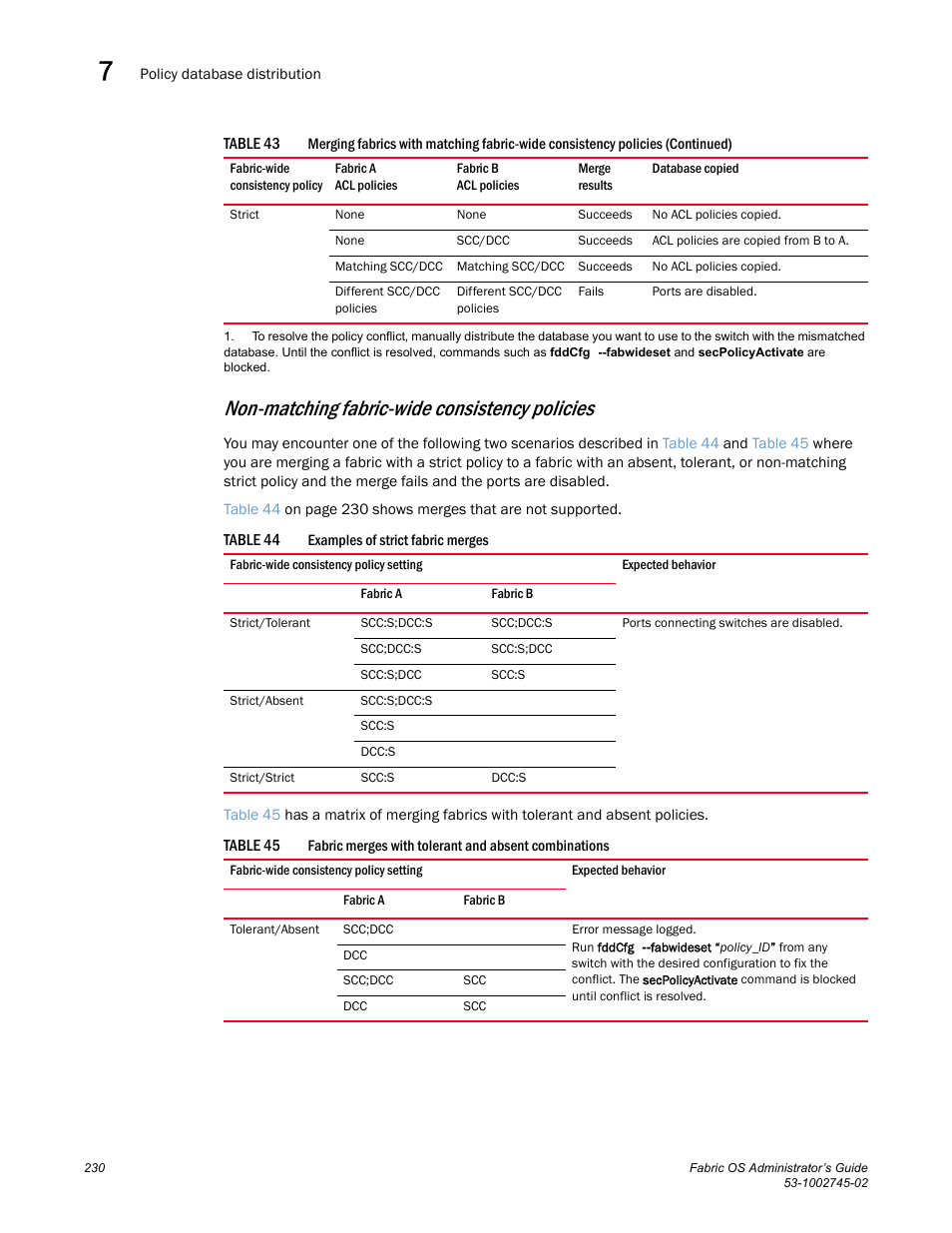 Non-matching fabric-wide consistency policies, Table 44, Table 45 | Dell POWEREDGE M1000E User Manual | Page 230 / 666