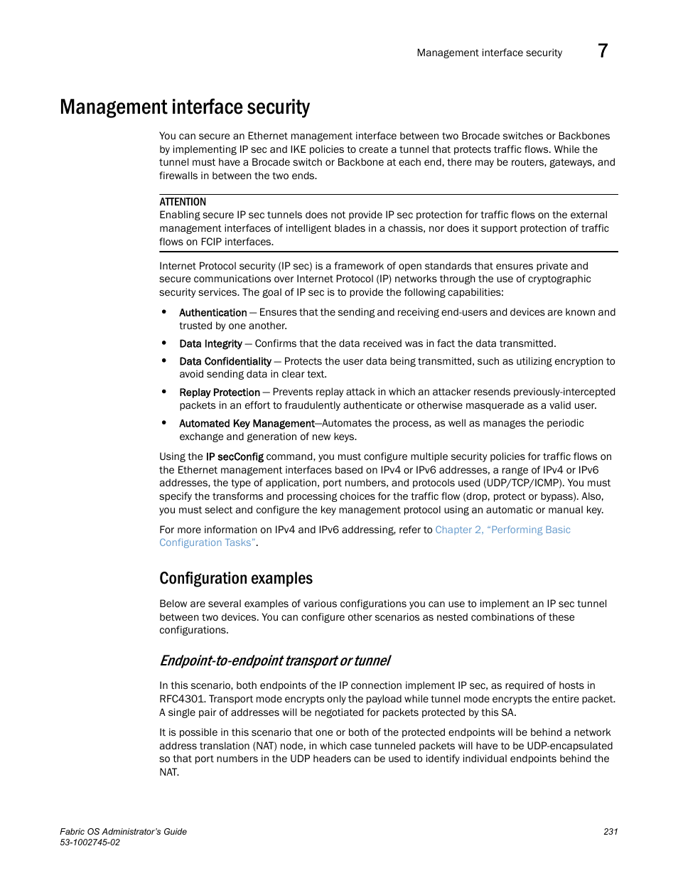 Management interface security, Configuration examples, Endpoint-to-endpoint transport or tunnel | Dell POWEREDGE M1000E User Manual | Page 231 / 666