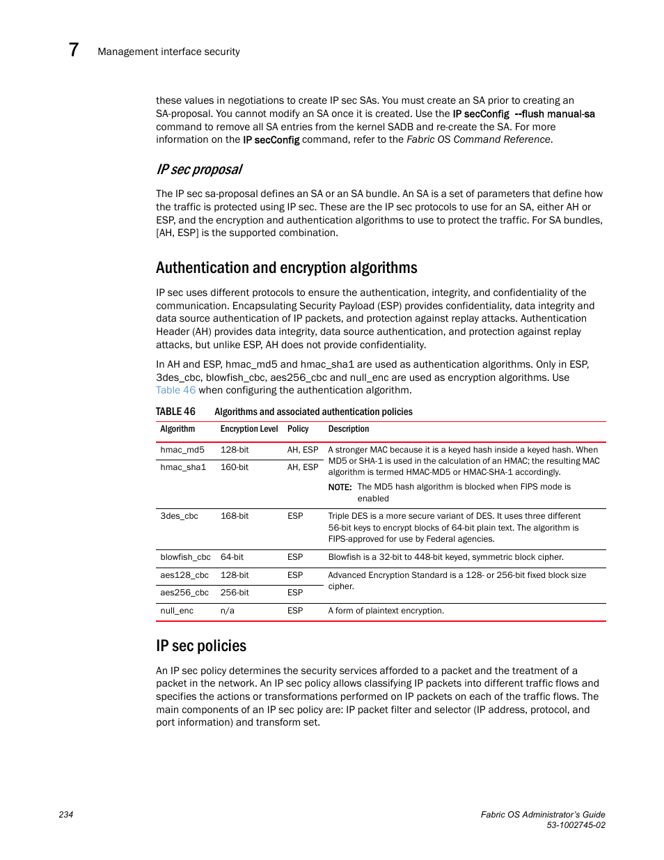 Ip sec proposal, Authentication and encryption algorithms, Ip sec policies | Table 46 | Dell POWEREDGE M1000E User Manual | Page 234 / 666