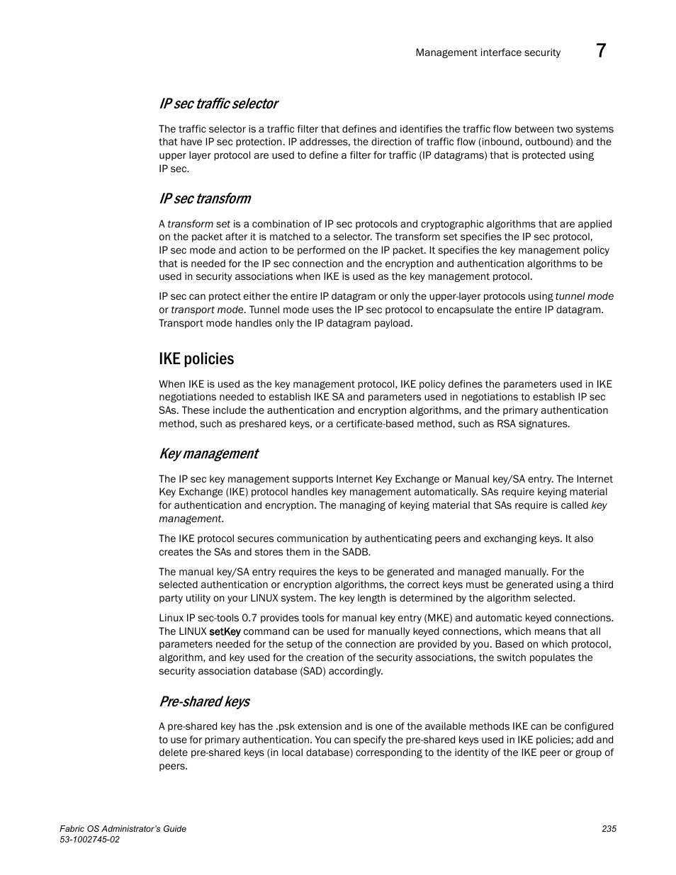 Ip sec traffic selector, Ip sec transform, Ike policies | Key management, Pre-shared keys | Dell POWEREDGE M1000E User Manual | Page 235 / 666