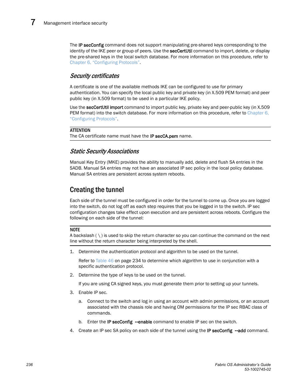 Security certificates, Static security associations, Creating the tunnel | Dell POWEREDGE M1000E User Manual | Page 236 / 666