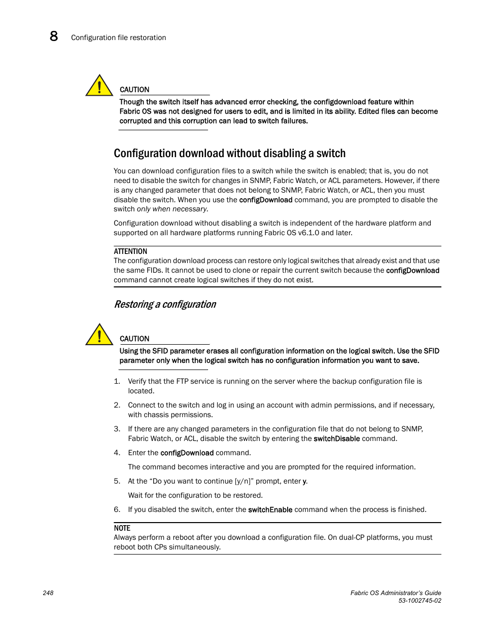 Configuration download without disabling a switch, Restoring a configuration, Configuration download without disabling a | Switch | Dell POWEREDGE M1000E User Manual | Page 248 / 666