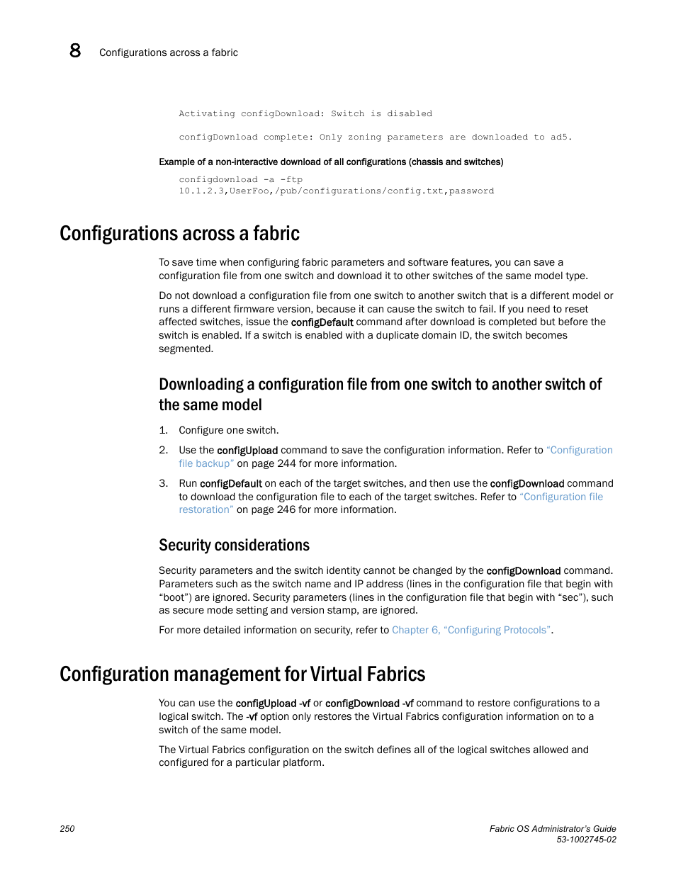 Configurations across a fabric, Security considerations, Configuration management for virtual fabrics | Configuration management, For virtual fabrics | Dell POWEREDGE M1000E User Manual | Page 250 / 666