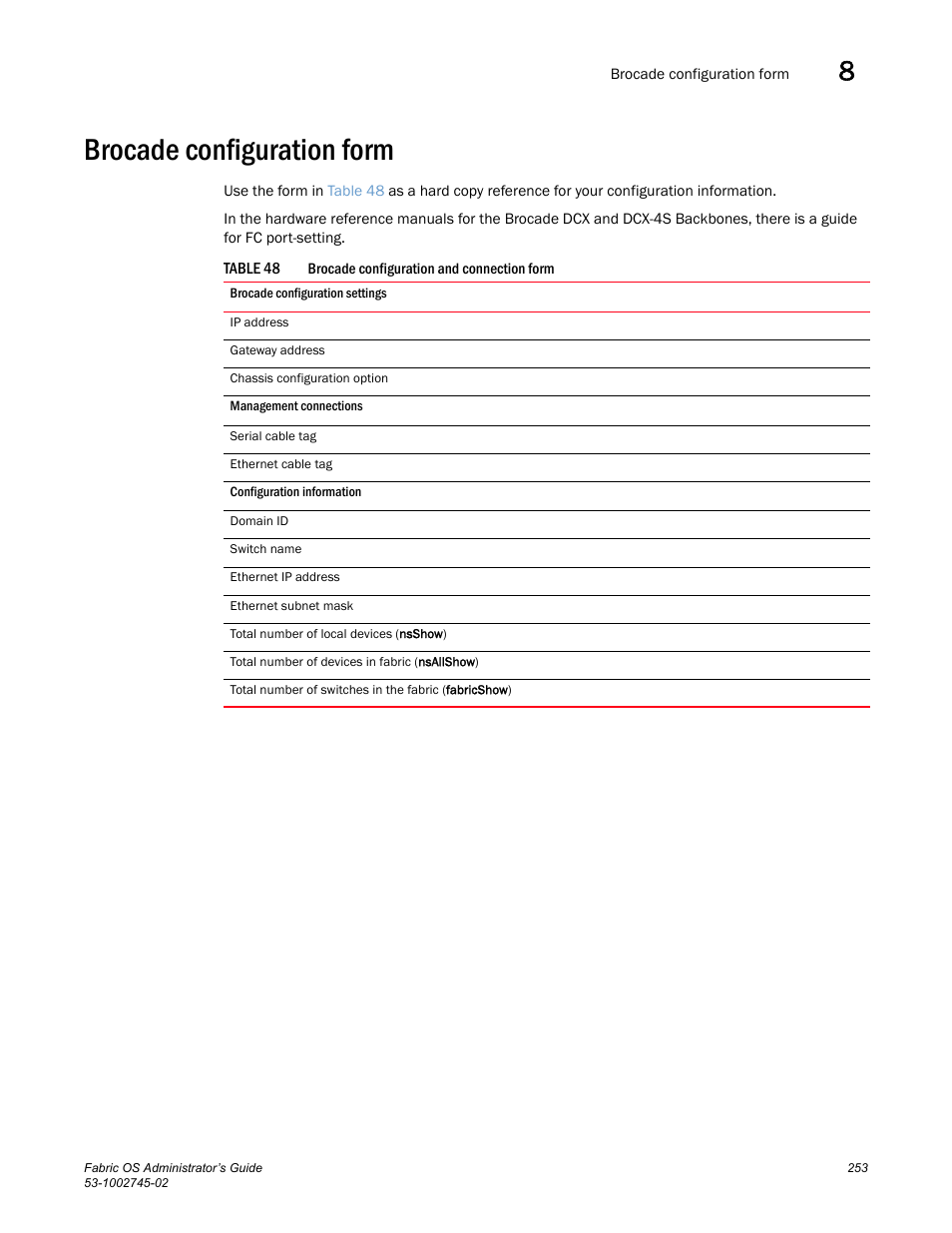 Brocade configuration form, Table 48 | Dell POWEREDGE M1000E User Manual | Page 253 / 666