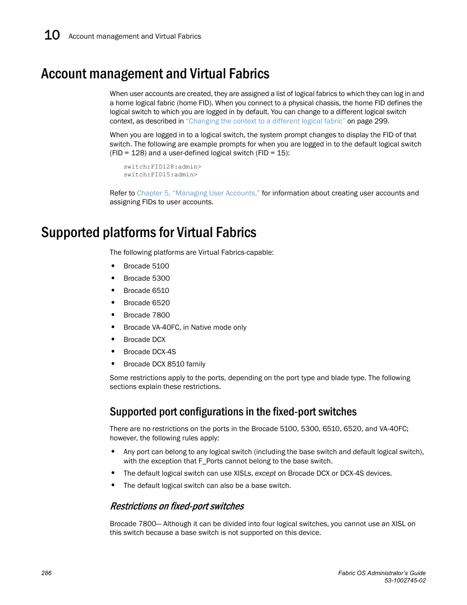 Account management and virtual fabrics, Supported platforms for virtual fabrics, Restrictions on fixed-port switches | Supported platforms for, Virtual fabrics, Supported, Platforms for virtual fabrics | Dell POWEREDGE M1000E User Manual | Page 286 / 666