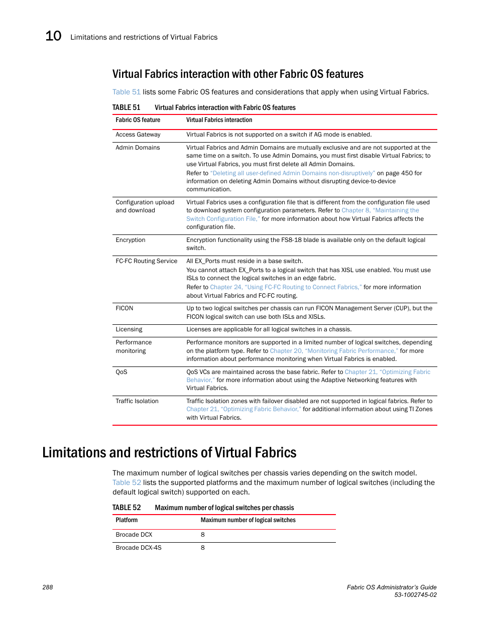 Limitations and restrictions of virtual fabrics, Table 51, Table 52 | Dell POWEREDGE M1000E User Manual | Page 288 / 666