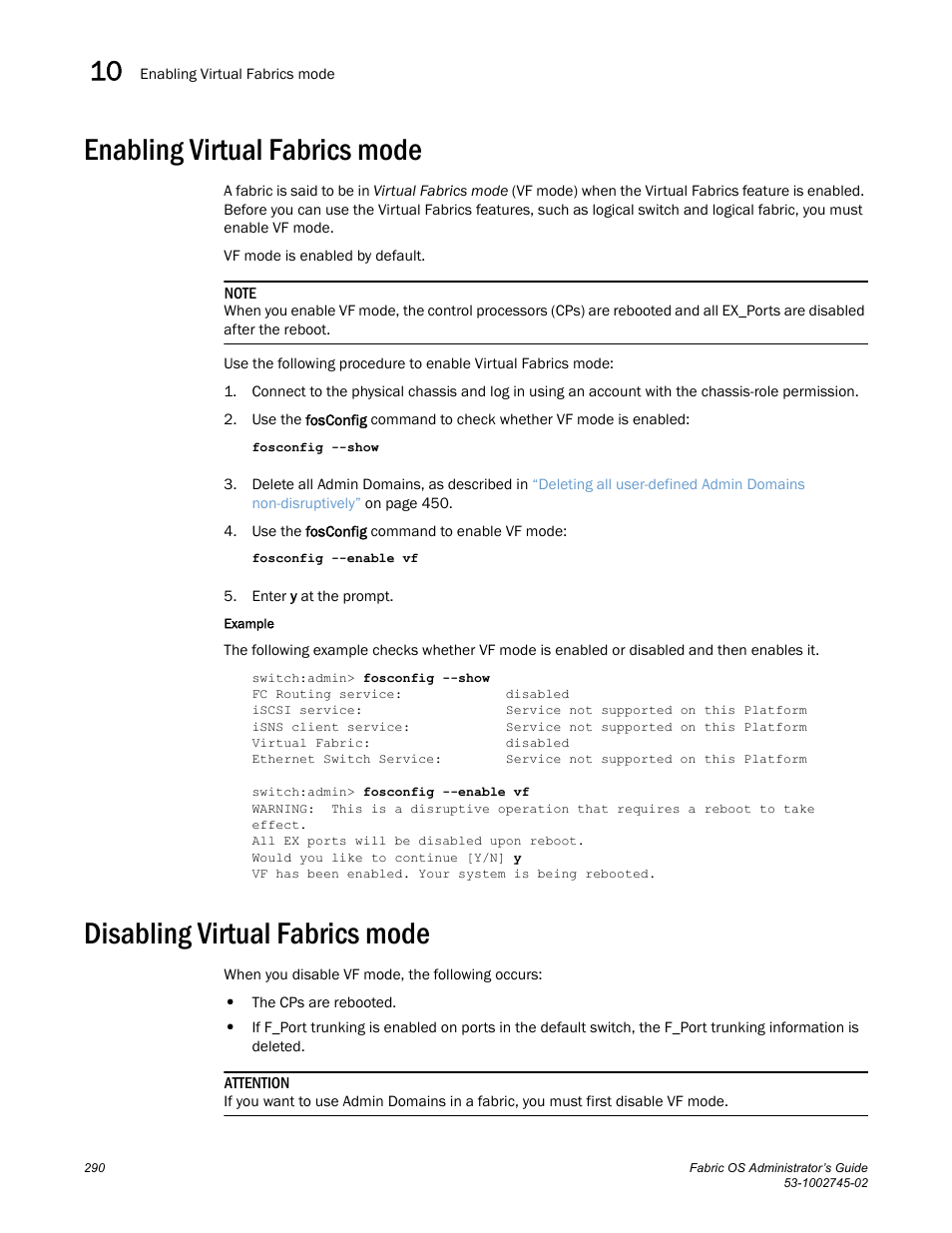 Enabling virtual fabrics mode, Disabling virtual fabrics mode | Dell POWEREDGE M1000E User Manual | Page 290 / 666