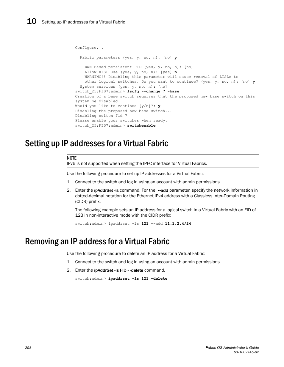 Setting up ip addresses for a virtual fabric, Removing an ip address for a virtual fabric | Dell POWEREDGE M1000E User Manual | Page 298 / 666